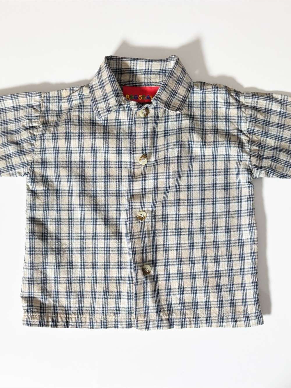 Vintage Ragscals 90s Plaid Short Sleeve Button-Up Shirt Textured Classic Cream